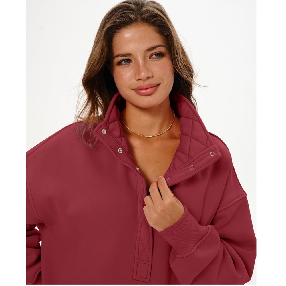 NWT Locachy Henley Neck Button Oversized Sweatshirt Burgundy size small - Picture 4 of 7